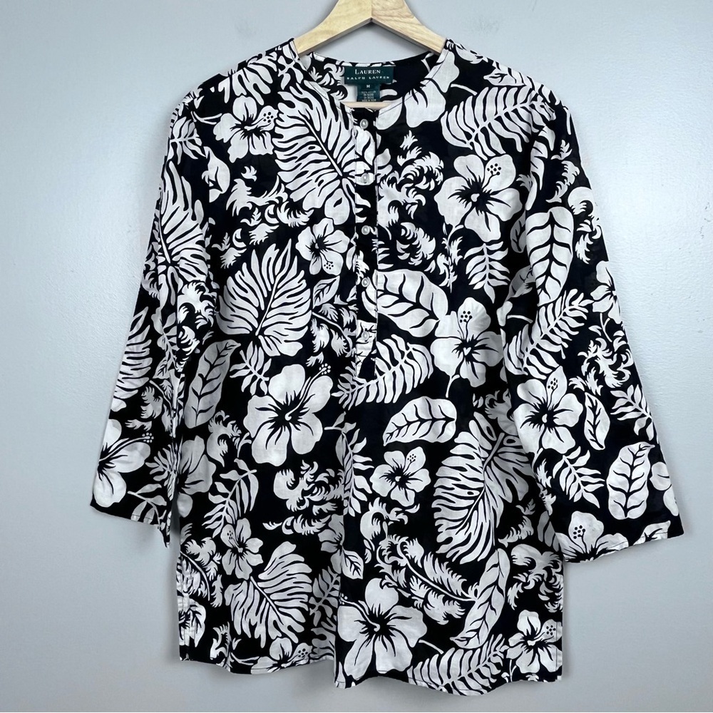 Lauren Ralph Lauren Women's 100% Cotton Semi-Sheer 3/4 Sleeve Blouse Size M